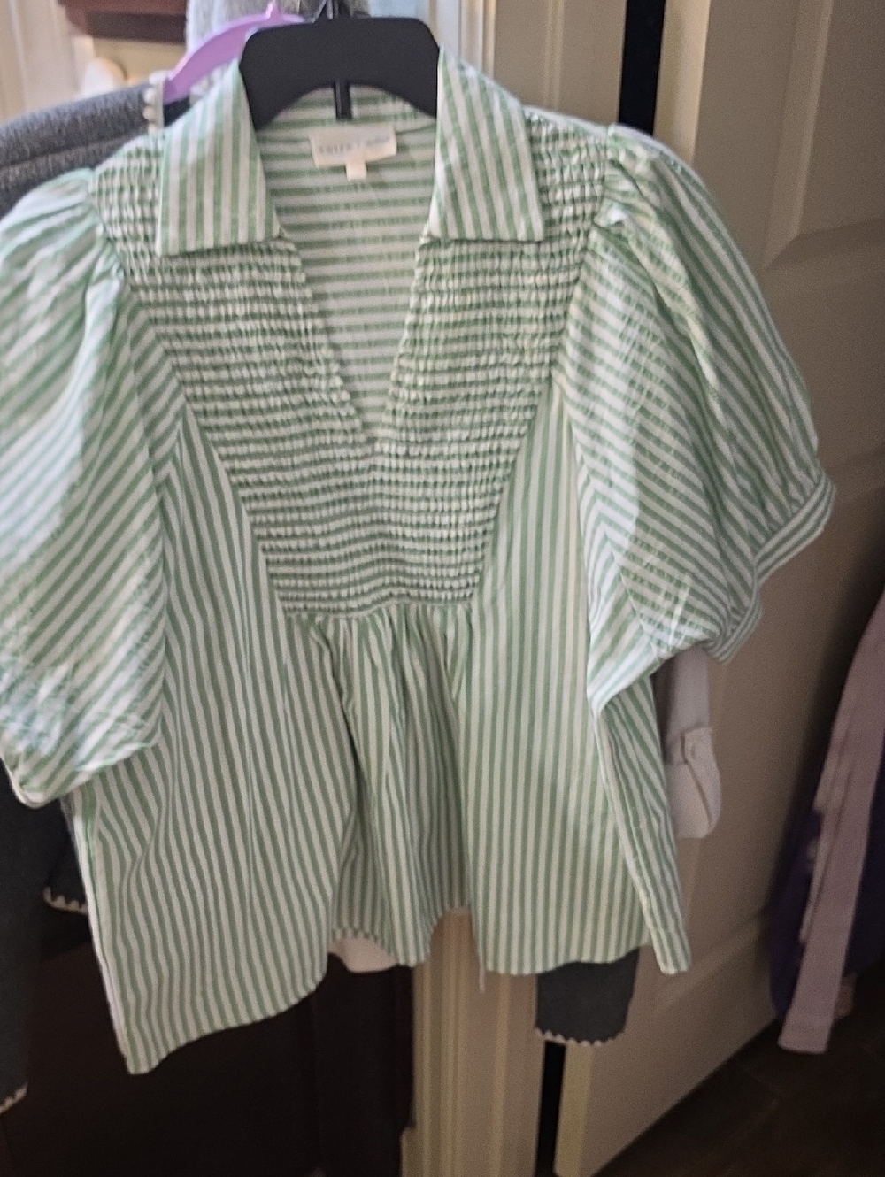 entro Mint & White Striped Smocked V-Neck Puff Sleeve Blouse Size M Nwot